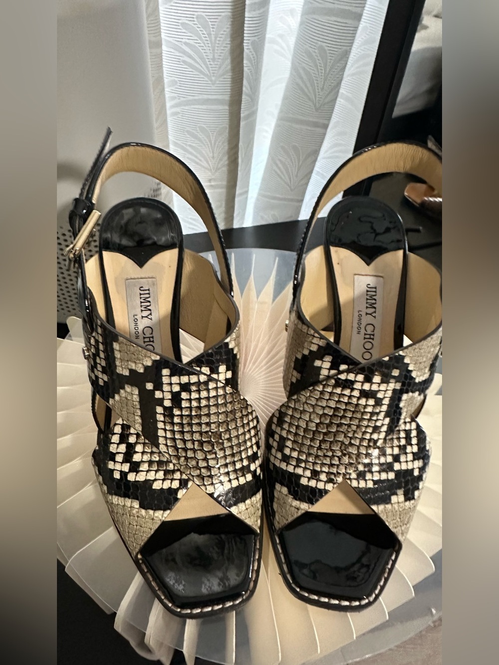 Jimmy Choo Black and Cream Snakeskin Slingback Heels